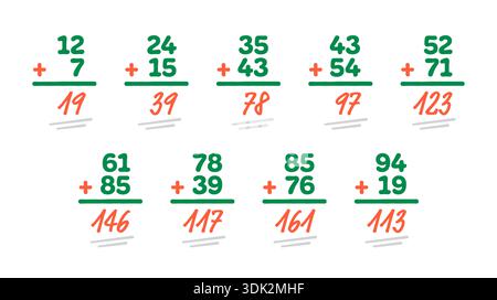 addition exercises in math. addition operations with numbers on a white background. Stock Vector