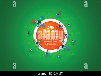 3d molecule symbols and page template on green background. Stock Vector