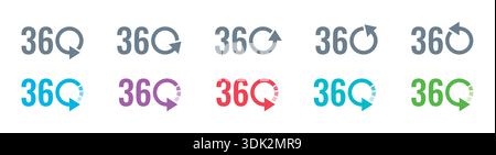 360 and rotating arrow sign on white background. colorful 360 logo. Stock Vector
