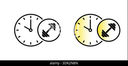 analog clock and dumbbell symbol on white background. Stock Vector