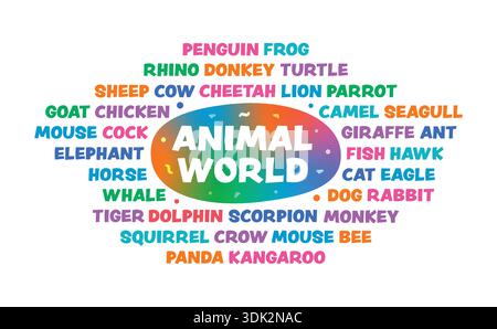 animal names concept. vector animals world. colorful animal names Stock Vector