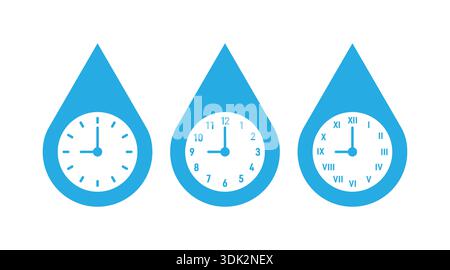 analog, numeral and roman clocks in a water drop. round clock symbols. Stock Vector