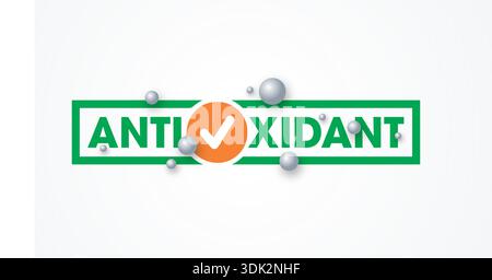 antioxidant logo in green frame. the word antioxidant and gray balls. Stock Vector