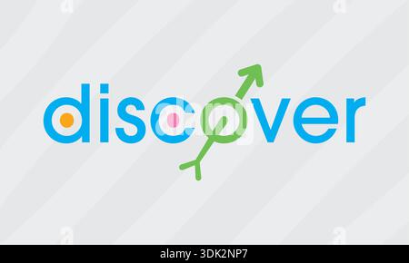 arrow pointing and darts discover logo. discover logo. maci-green discover word. Stock Vector