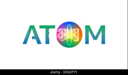 atom word and atom symbol on white background. atom concept. Stock Vector