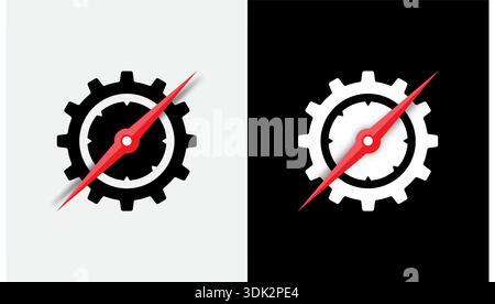 black industrial wheel and red compass needle. compass and wheel concept. Stock Vector