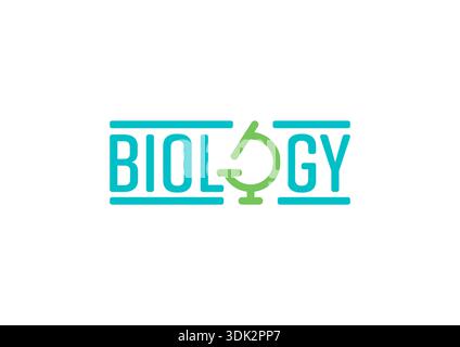 biology logo with microscope on white background. turquoise biology word and green microscope symbol Stock Vector