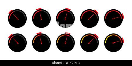 black and red indicator. semicircle, five-step speedometer set Stock Vector