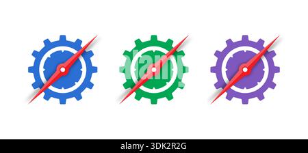 blue wheel and red pointer. green wheel and compass concept. purple wheel and red compass pointer. Stock Vector