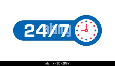 clock 24-7 logo. 24 hours, seven days concept. blue-red 24-7 days logo Stock Vector
