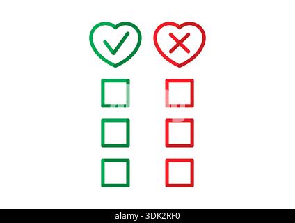 check sign in green heart. cancel sign in red heart. check mark and cancel sign Stock Vector