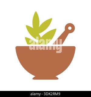 brown mortar and leafs. pharmacy, mortar logo Stock Vector