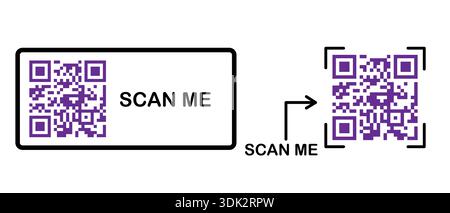 Scan me. Set of QR code frames and badges in vector style. Black and purple line icons for scan buttons, barcode labels, product cards, and business g Stock Vector