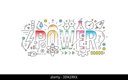 colored power word and power symbols. technical drawing power concept. outline power word. Stock Vector