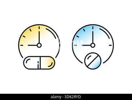 clock and capsule on white background. capsule and watch. hour and medicine. medicine time concept Stock Vector
