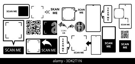 Scan me. QR code badge and frame set. Black vector icons and square shapes for discount tags, product cards, shop labels, and branding design. Stock Vector