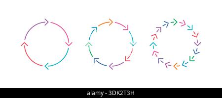 colored arrows rotating four steps, eight steps, 16 steps. rotating arrow signs. Stock Vector