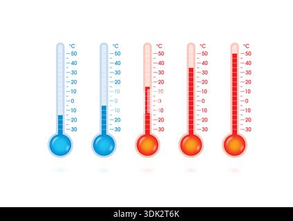 cold and hot thermometer set. blue thermometer, red thermometer concept. five step thermometer. Stock Vector