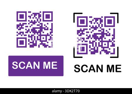 Scan me purple frame set for qr. Purple line icons for scan buttons, barcode labels, product cards, and business graphics. Stock Vector