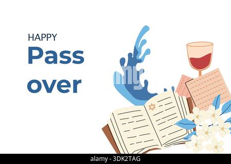 Happy Passover spring banner on white background. Vector illustration in cartoon flat style. Passover jewish holiday background with wave, torus and m Stock Vector