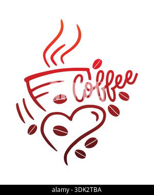 coffee cup and coffee beans. coffee word and heart symbol. Stock Vector