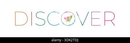 colorful discover word and paper airplane. vector discover logo. Stock Vector