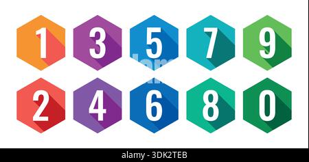 colored hexagons and numbers 0-9. 0-9 numbers in hexagon. Stock Vector