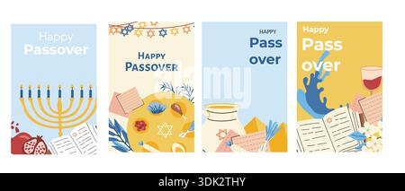Happy Passover cards set in minimalist cartoon flat style. Jewish holiday poster set of Exodus of Egypt. Matzah, seder plate with food, waves and othe Stock Vector