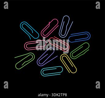 colored paper clips on a black background. crooked paper clips vector Stock Vector