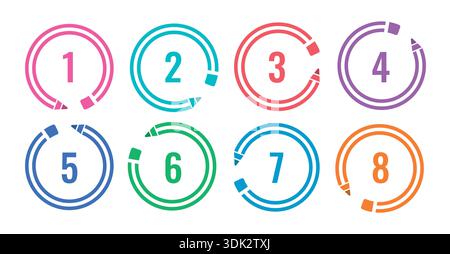colored round pencils. 1-8 step round pens Stock Vector