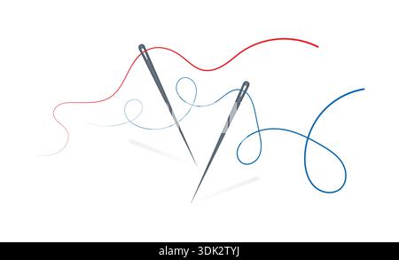 colored threads and two needles. wavy ropes and needles. needles and ropes on white background. Stock Vector