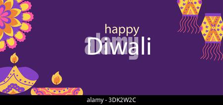 India Diwali festival horizontal banner with diya and rangoli, lanterns on dark background. Diwali banner cartoon flat design, Hand drawn vector illus Stock Vector