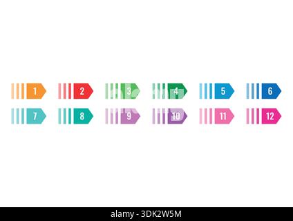 colorful arrow signs and 1-12 math numbers. 1-12 number buttons for university, education. Stock Vector