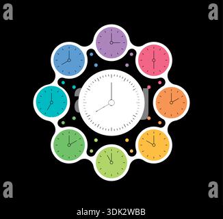 colorful analog clocks concept. Nine wall clock concept. analog clocks around the analog clock. Stock Vector