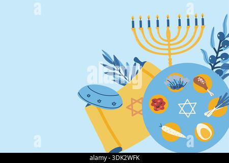 Passover greeting background with seder plate, menorah and olives, torus. Vector cartoon flat illustration with empty place for text. Happy Passover b Stock Vector