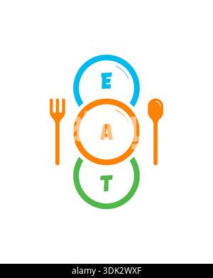 colorful fork, spoon, plate and word eat concept Stock Vector
