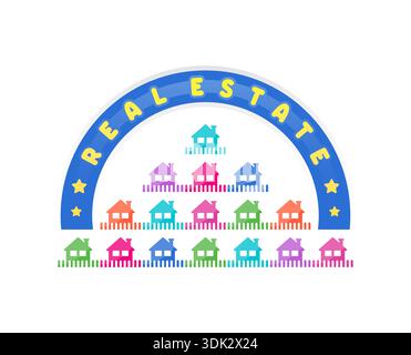 colorful houses and real estate concept. word real estate and colorful houses in a semicircle Stock Vector