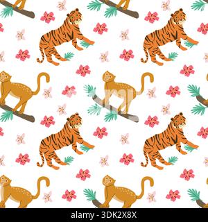 Abstract bengal tiger and monkey with flowers seamless pattern. Cute animal floral print in cartoon flat style. Vector illustration on white backgroun Stock Vector