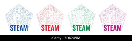 colorful pentagonal steam set. steam technical drawing on a white background Stock Vector