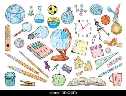 colorful scribble school equipment. educational equipment. hand drawn educational tools and materials Stock Vector