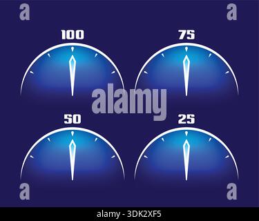 dial symbols on a dark blue background. 25, 50, 75, 100 dials. Stock Vector