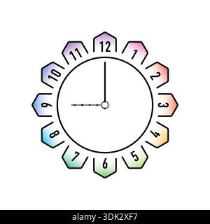 Colorful, angular, simple wall clock. analog clock concept on white background. Stock Vector