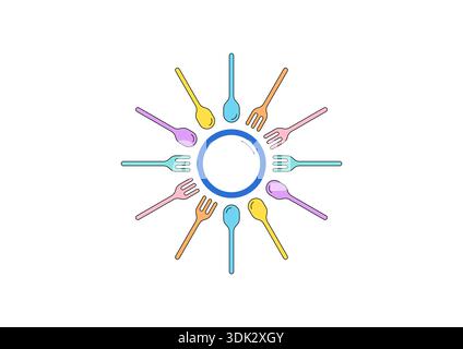 colorful forks and spoons around the plate. fork and spoon symbols for menu, catering and restaurant Stock Vector