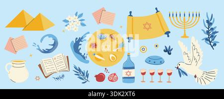 Happy Passover vector icons set. Set of seder plate, matzah, pigeon, torus and menorah, wine and waves. Design elements for jewish holiday. Cartoon fl Stock Vector