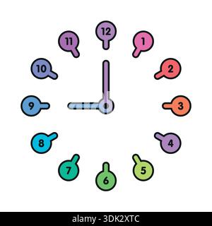 Cute, multicolored wall clock. analog clock concept on white background. Stock Vector