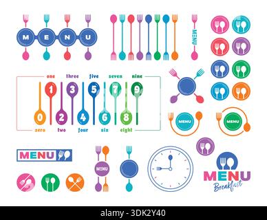 colorful menu, spoon and fork. spoon, fork and menu concept. Stock Vector