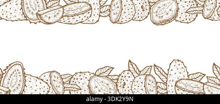 Soursop fruit frame in vintage linear style. Guanabana tropical fruit background outline. Hand drawn vector illustration isolated on white. Stock Vector