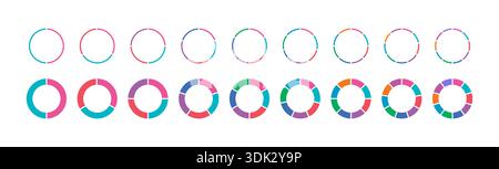 cut circles set. dashed colored circles. two, three, four, five, six, seven, eight, nine sliced circles. Stock Vector