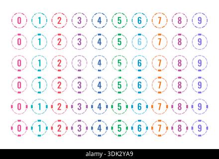 dashed circles and numbers 0-9. set of numbers 0-9 in colored dashed circles Stock Vector