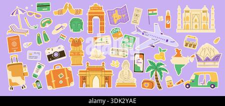Vector Travel to India stickers set. Summer Vacation in India,Plane, Indian landmarks and luggage, camera. Indian Travel stickers collection in cartoo Stock Vector